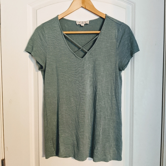 Pink Rose Criss Cross V-Neck Top Blue/Green - Picture 2 of 3